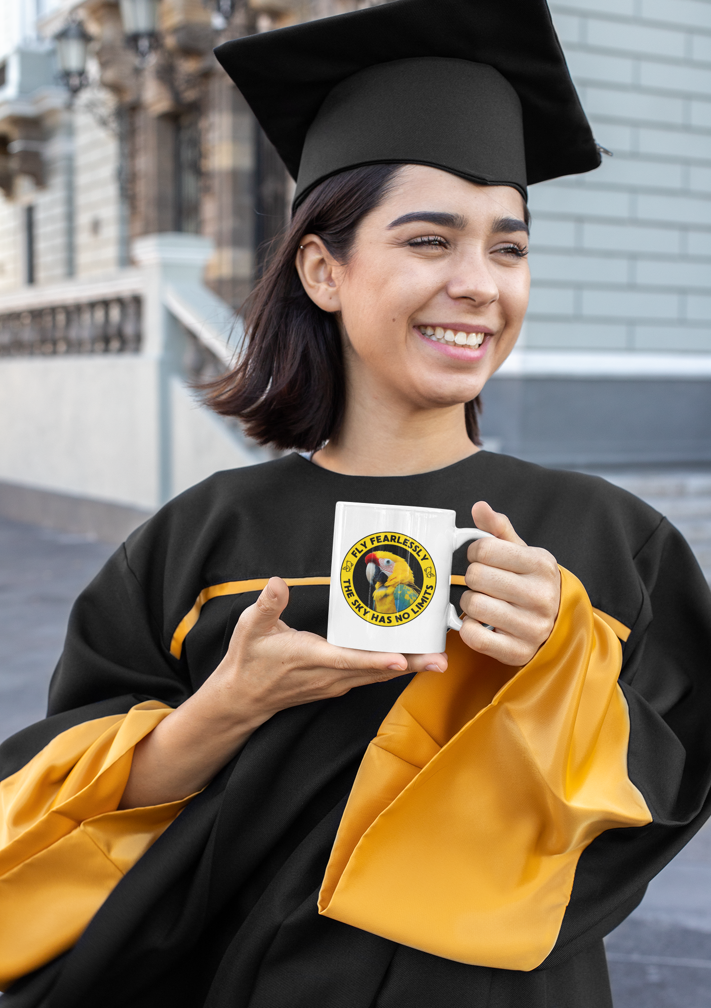 Beautiful & Inspiring Yellow Parrot Mug – "Fly Fearlessly, The Sky Has No Limits"