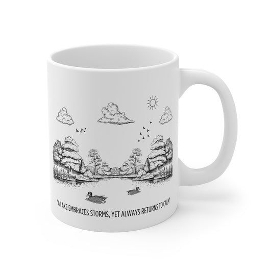 Serene Lake Mug – "A Lake Embraces Storms, Yet Always Returns to Calm"