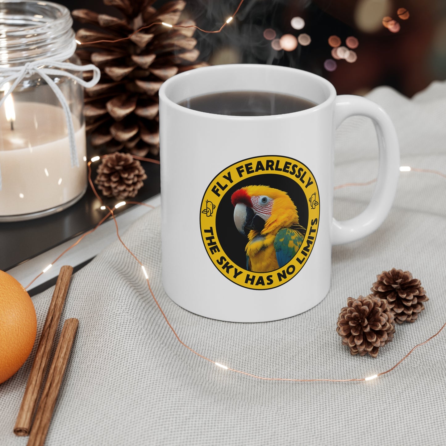 Beautiful & Inspiring Yellow Parrot Mug – "Fly Fearlessly, The Sky Has No Limits"