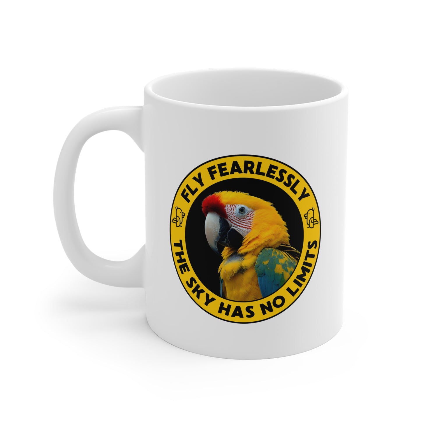 Beautiful & Inspiring Yellow Parrot Mug – "Fly Fearlessly, The Sky Has No Limits"