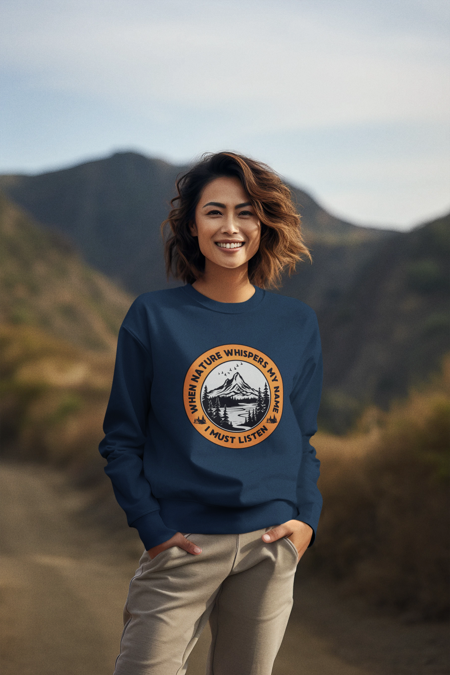 “When Nature Whispers, I Listen” Eco-Inspired Unisex Crewneck Sweatshirt | Earthy Tones, Gender-Neutral Fit, Eco-Conscious Design