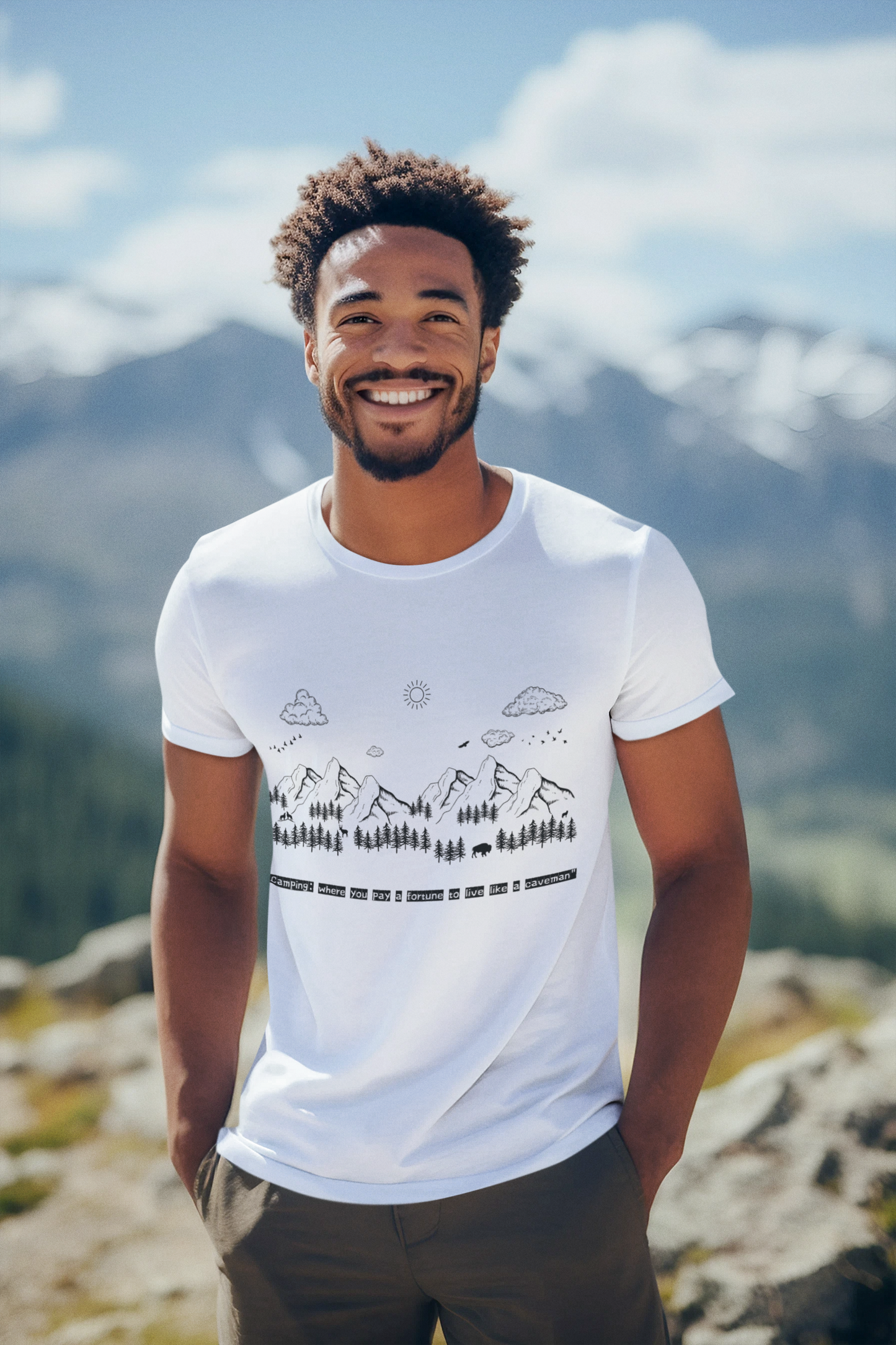 Camping T-Shirt – "Where You Pay a Fortune to Live Like a Caveman"