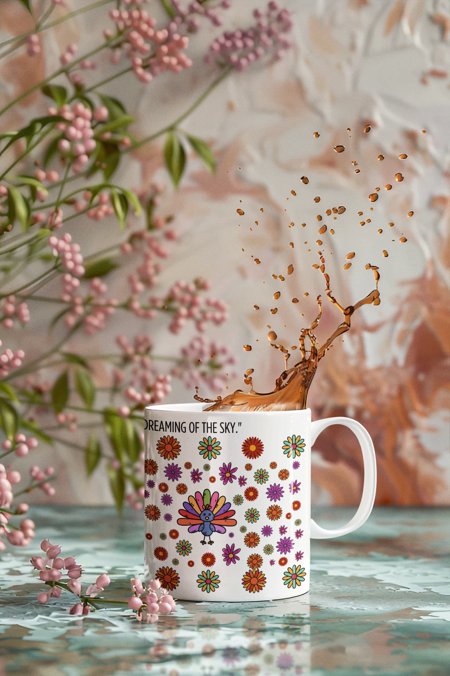 "Never Stop Dreaming of the Sky" – Inspirational Floral Mug