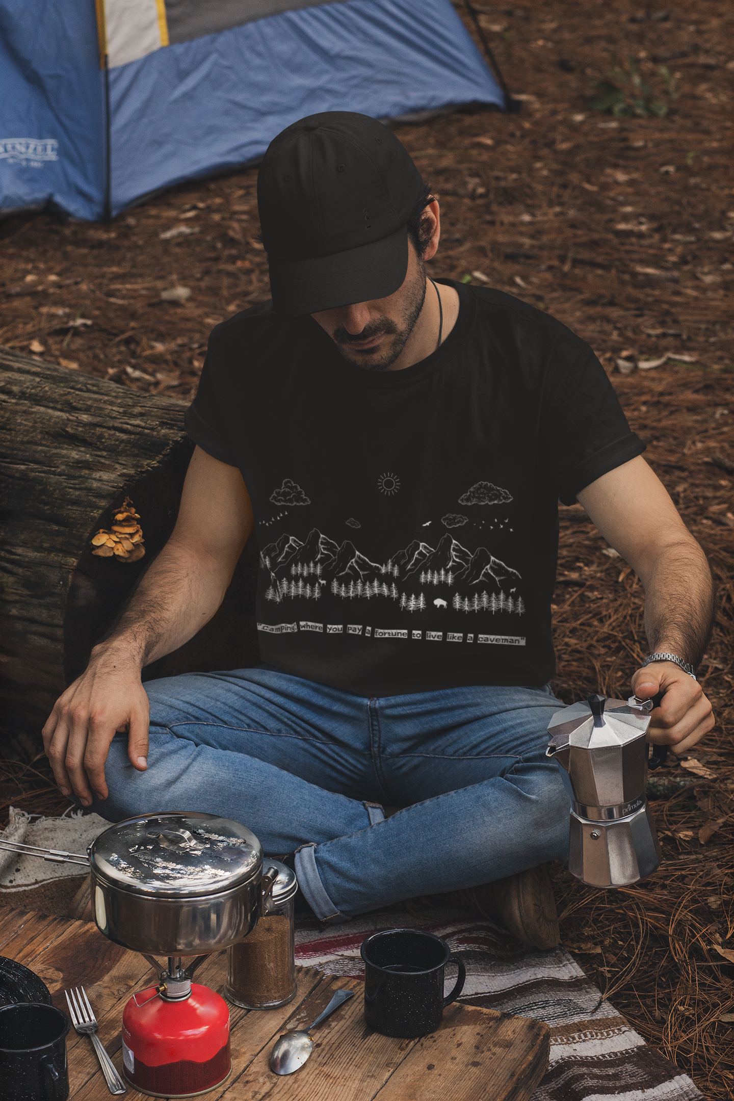 Camping T-Shirt – "Where You Pay a Fortune to Live Like a Caveman"